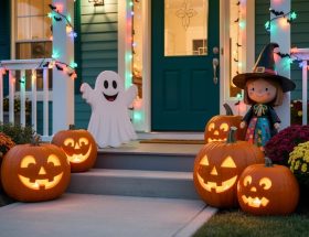 A warm, non-scary Halloween front porch with smiling pumpkins, a cute ghost decoration, and a friendly witch lit by colorful string lights.