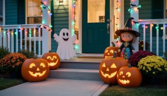 A warm, non-scary Halloween front porch with smiling pumpkins, a cute ghost decoration, and a friendly witch lit by colorful string lights.