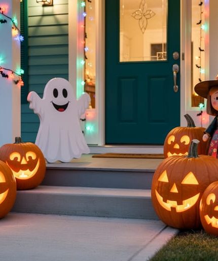 A warm, non-scary Halloween front porch with smiling pumpkins, a cute ghost decoration, and a friendly witch lit by colorful string lights.