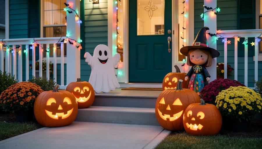 A warm, non-scary Halloween front porch with smiling pumpkins, a cute ghost decoration, and a friendly witch lit by colorful string lights.