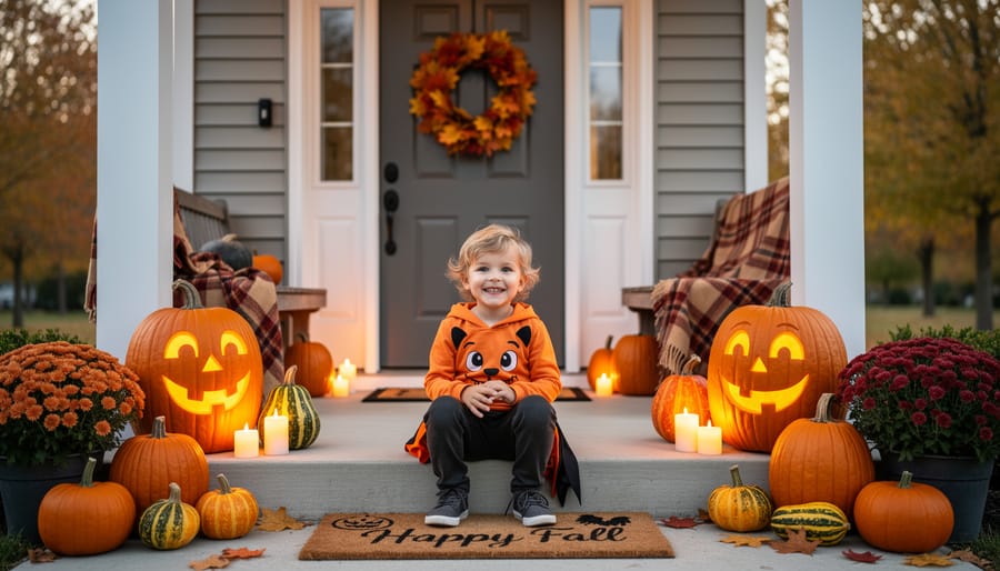Young child standing on a porch with smiling jack-o’-lantern decorations and colorful fall garlands.