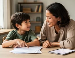 Parent and child sit at a kitchen table with school materials, with the child pointing to worksheets while the parent listens supportively.