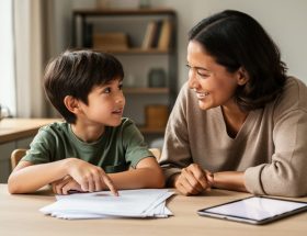 Parent and child sit at a kitchen table with school materials, with the child pointing to worksheets while the parent listens supportively.