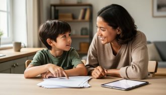 Parent and child sit at a kitchen table with school materials, with the child pointing to worksheets while the parent listens supportively.