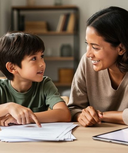 Parent and child sit at a kitchen table with school materials, with the child pointing to worksheets while the parent listens supportively.