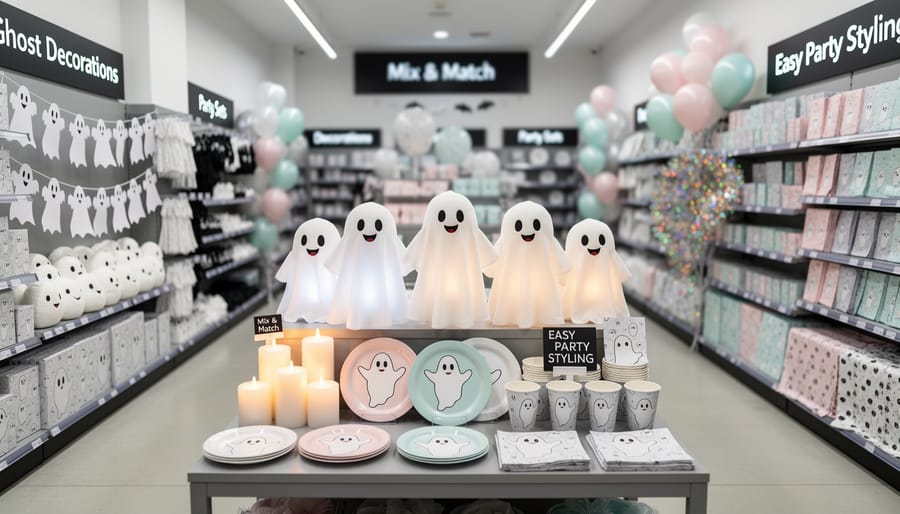 Ghost garland and hanging ghost ornaments arranged in a Halloween party store