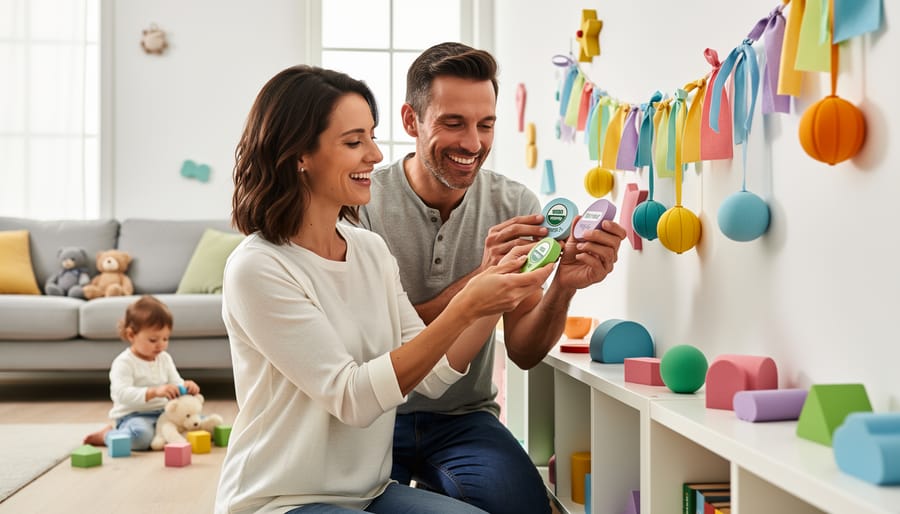 Parent and child reviewing a non-scary Halloween lantern and felt decorations on a living room table.