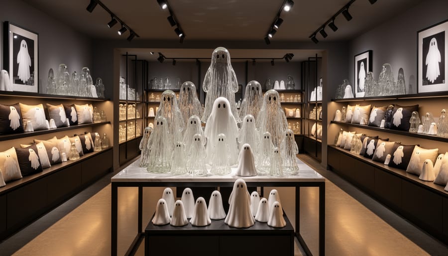Premium ghost decorations displayed in a specialty Halloween store