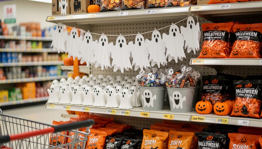 Affordable ghost Halloween decorations in a retail store seasonal aisle