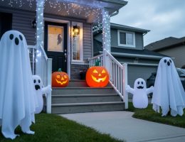 Outdoor porch at dusk with glowing ghost decorations, friendly jack-o’-lantern, and Halloween lights in a Canadian home setting.