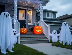 Outdoor porch at dusk with glowing ghost decorations, friendly jack-o’-lantern, and Halloween lights in a Canadian home setting.