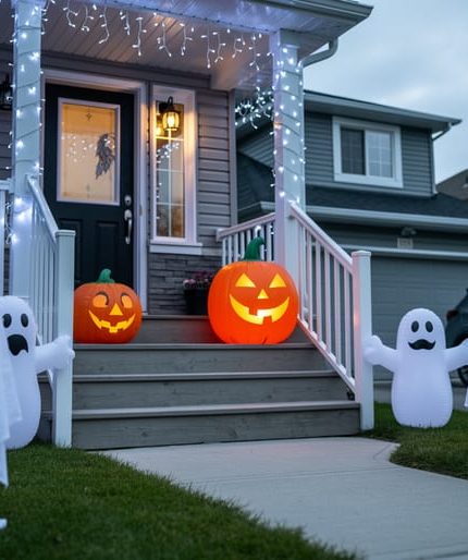 Outdoor porch at dusk with glowing ghost decorations, friendly jack-o’-lantern, and Halloween lights in a Canadian home setting.