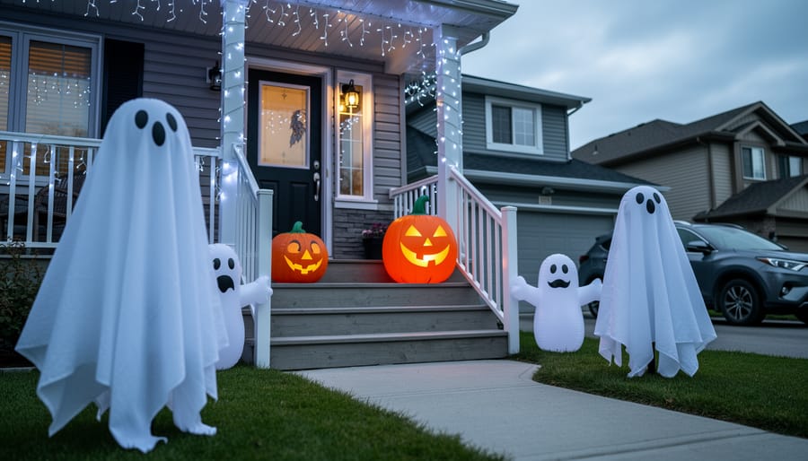 Outdoor porch at dusk with glowing ghost decorations, friendly jack-o’-lantern, and Halloween lights in a Canadian home setting.